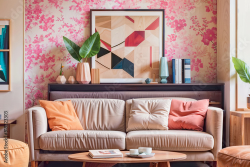 Modern Cozy Living Room with Floral Wallpaper and Geometric Art