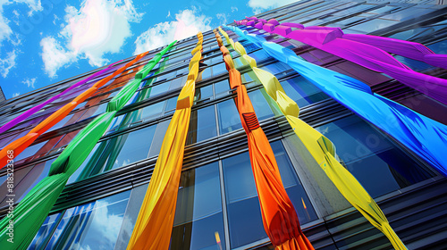 Rainbow streamers flowing from the windows of a high-rise building in celebration of gay pride photo