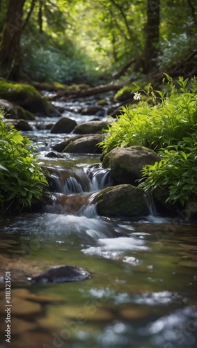 Tranquil Spring Stream  Detailed Close-Up with Lush Greenery