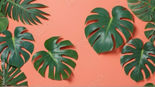 portrait of philodendron leaves on a blank background for summer. Tropical leaves monstera and philodendron on pink color background minimal summer. copy space