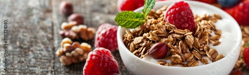 Bowl of granola with berries and nuts on the table. Food background 