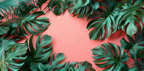 Photo of green tropical leaves on a coral background taken from a top view with space for text
