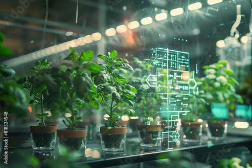 Hydroponics vertical farm in greenhouse laboratory with high technology and hologram style --
