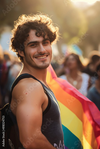 Portrait of a curly handsome man smiling with rainbow flag at street,young man at LGBTQIA+ supporting diversity at a pride parade