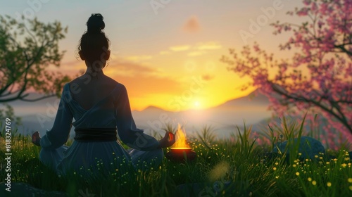 meditation  calm. woman practicing yoga at sunset 