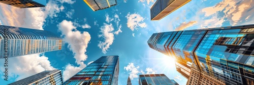 Photo from below of a glass skyscraper and visible clouds and sun.
