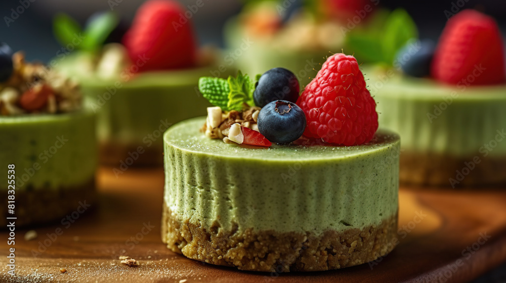 homemade raw matcha powder cakes vegan raw cake decorated with fresh berries and mint on a ceramic plate, suggesting a healthy dessert option