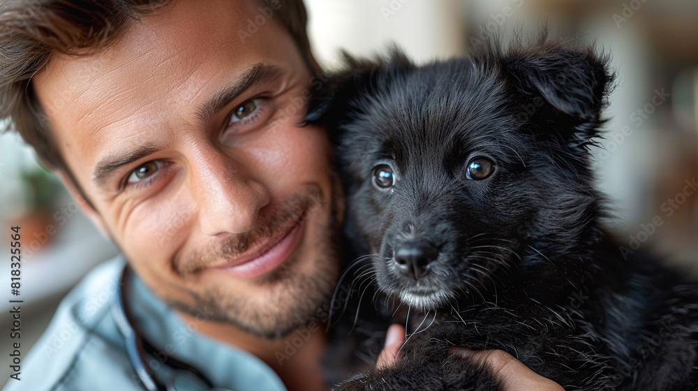 Veterinarian holding a black puppy in his arms. Close-up.. Veterinarian holding a black puppy in his arms. Close-up..