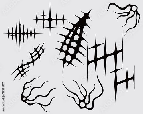 Brutalism element sharp spiky tribal tattoo shape collection set acid poster, illustration vector creepy symbol sick editable