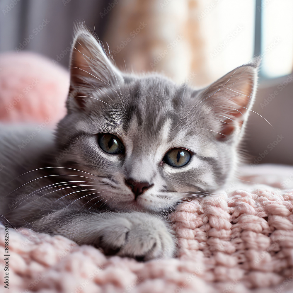 Naklejka premium Funny domestic cat on a soft blanket. Lovely pet in cozy room.