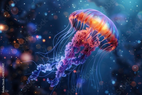 Vibrant jellyfish glowing underwater with colorful, cascading tentacles in a dark, magical ocean environment, surrounded by enchanting bubbles.