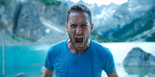 European man in blue shirt displaying aggression in mountain landscape: toxic masculinity. Concept Toxic Masculinity, Aggression, European Man, Blue Shirt, Mountain Landscape photo