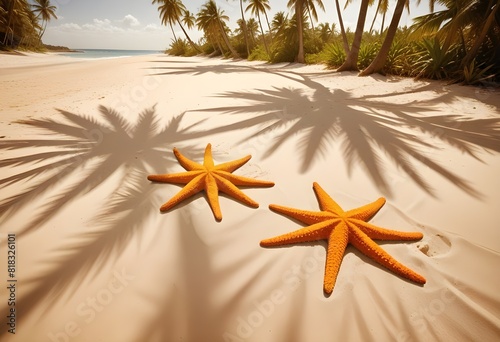 Sunny tropical Caribbean beach with palm trees, Turquoise Water, hot summer day, Summer Background, Sandy tropical beach with island on background
