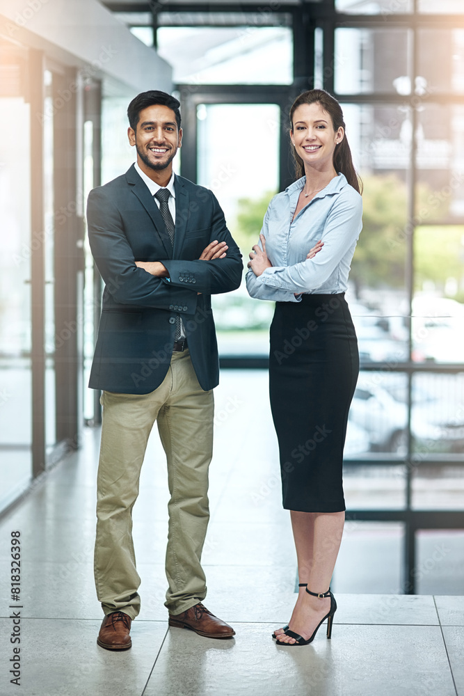 Portrait, happy and team of business people with arms crossed together in office for cooperation, diversity or about us. Smile, staff or employee with solidarity, confidence or collaboration of agent