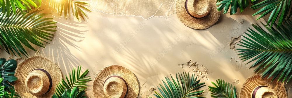 Tropical beach frame with starfish, shells, and palm leaves, ideal for travel and summer themes. Tropical beach frame with starfish, shells, and palm leaves, ideal for travel and summer themes.