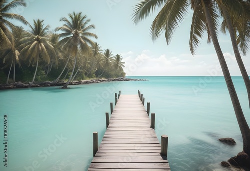 Sunny tropical Caribbean beach with palm trees  Turquoise Water  hot summer day  Summer Background  Sandy tropical beach with island on background 