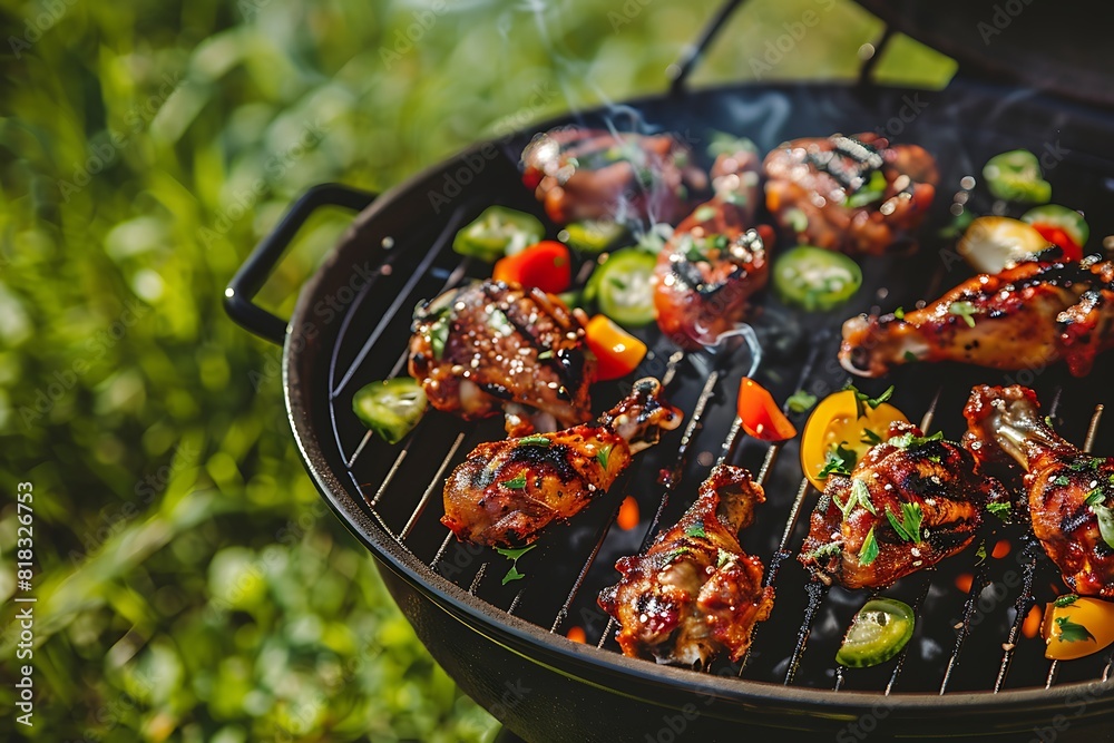 top view grilling meat and vegetables on backyard grass background, barbecue summer weekend time, outdoor party wallpaper, picnic banner top view grilling meat and vegetables on backyard grass background, barbecue summer weekend time, outdoor party wallpaper, picnic banner