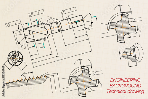 Mechanical engineering drawings on sepia background. Tap tools, borer. Technical Design. Cover. Blueprint. Vector illustration.