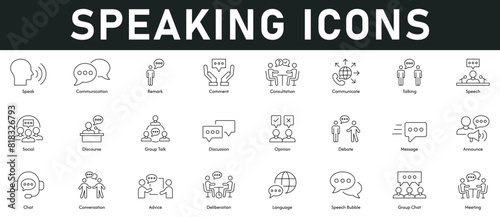 Speaking Icons vector illustration with thin line editable stroke containing communication, comment, talking, speech, social, discussion, debate, message, announce, chat, advice, bubble, meeting
