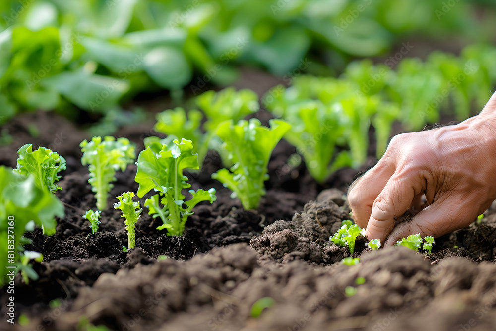 Farmer's hand planting young lettuce seedlings in vegetable garden, sustainable agriculture concept Farmer's hand planting young lettuce seedlings in vegetable garden, sustainable agriculture concept