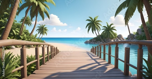 Sunny tropical Caribbean beach with palm trees, Turquoise Water, hot summer day, Summer Background, Sandy tropical beach with island on background
