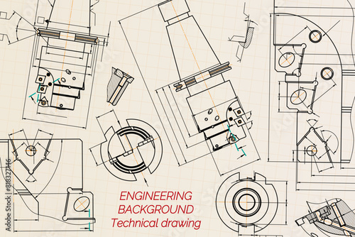 Mechanical engineering drawings on sepia background. Tap tools, borer. Technical Design. Cover. Blueprint. Vector illustration.