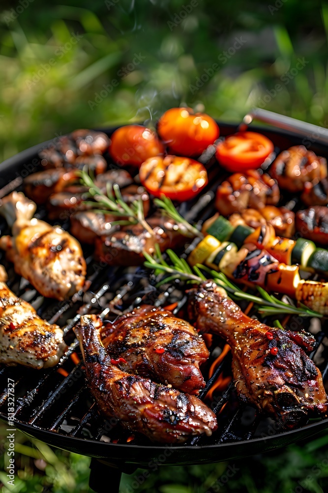 top view grilling meat and vegetables on backyard grass background, barbecue summer weekend time, outdoor party wallpaper, picnic banner