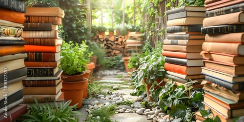 The Literary Garden: Where Plants Grow Stacks of Books. Concept Gardening, Books, Literature, Nature, Fantasy © Ян Заболотний