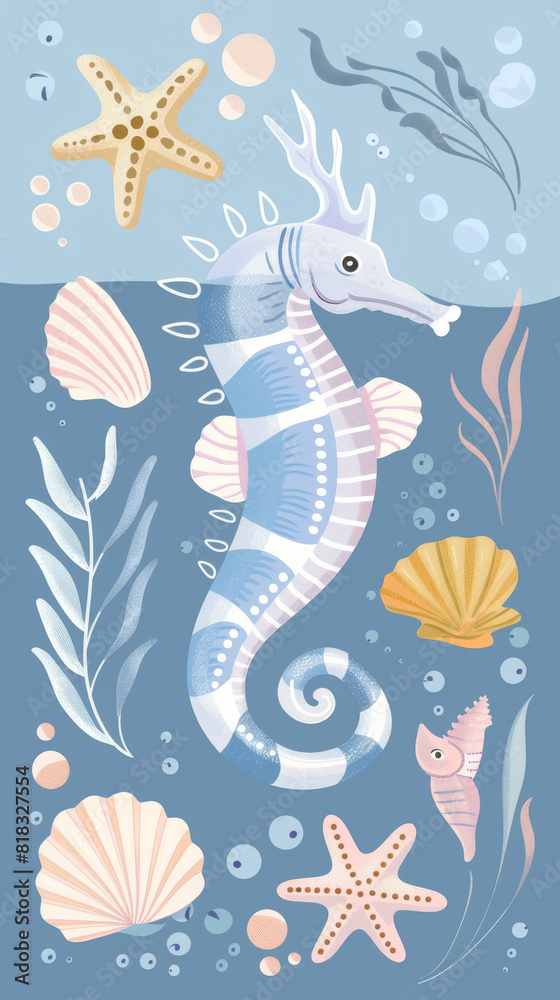 A blue and white sea creature with a blue tail is surrounded by shells
