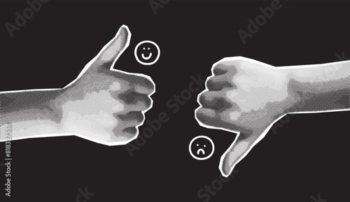 hand shows like and dislike gesture, on a black background, cheerful and sad smiley, collage trendy pop art magazine halftone style
