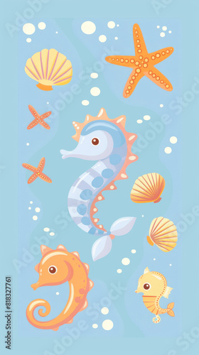 A blue and orange towel with a seahorse  starfish  and shells on it