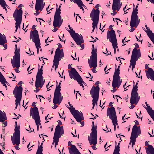 Pink cartoon Halloween seamless pattern with raven and flowers