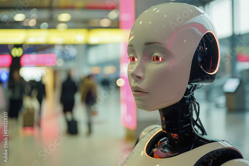 Portrait of female AI robot in airport