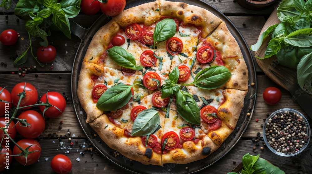 Delicious homemade pizza topped with fresh basil, tomatoes, and melting mozzarella cheese.