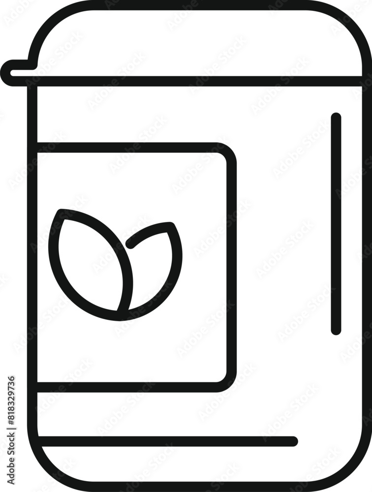 Line art icon of a sustainable packaging with a leaf symbol, indicating organic content Line art icon of a sustainable packaging with a leaf symbol, indicating organic content