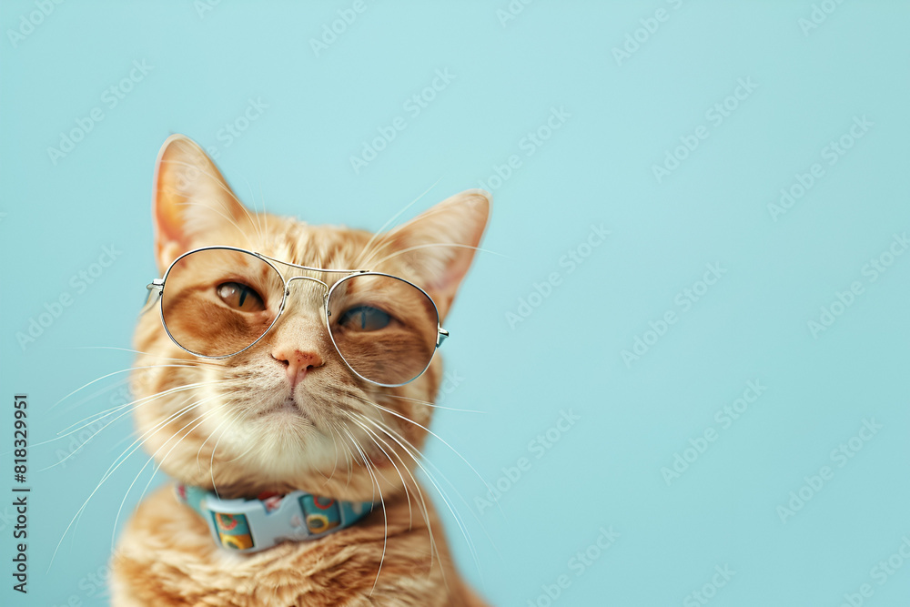 Closeup portrait of funny ginger cat wearing sunglasses isolated on light cyan. Copysapce.
