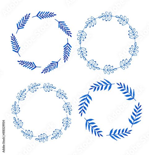 A set of simple blue watercolor illustrations of wreaths of twig plants with leaves.