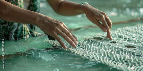 Mint Green - A woman expertly weaves intricate patterns into a tapestry  her fingers moving as gracefully as the river that flows nearby