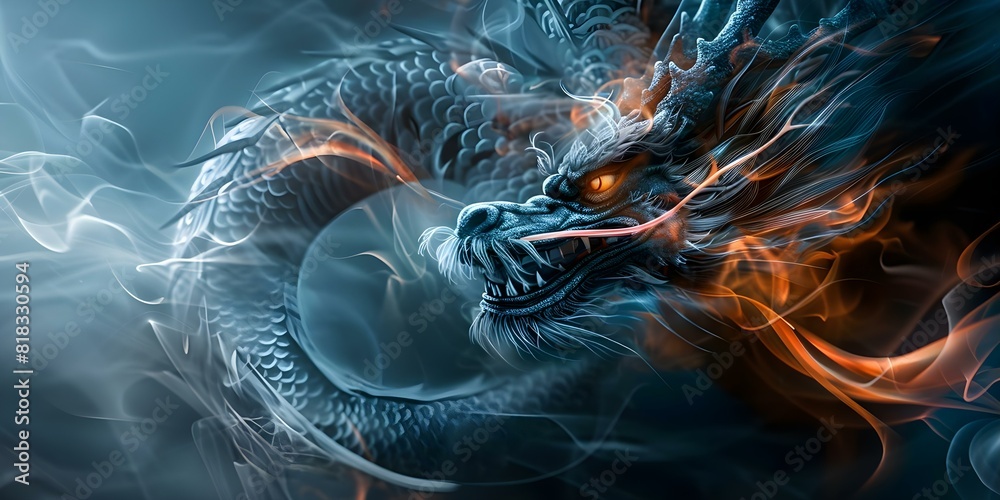 The destructive power of a mythical Chinese dragon evident through its fiery breath and intimidating gaze. Concept Mythical Creatures, Chinese Dragon, Fire Breathing, Intimidating Gaze