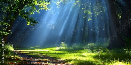 Award-Winning Forest Path  Sun Rays  Dew  and Tall Oak Trees. Concept Forest Path  Sun Rays  Dew  Tall Oak Trees  Award-Winning
