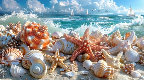  A canvas depicting seashells, starfish, and a distant