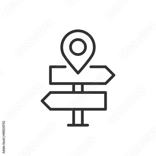 Directional sign post with map pin, linear icon. Line with editable stroke