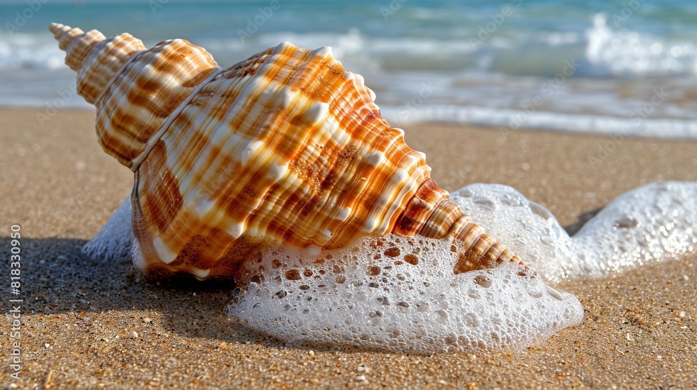  A detailed image of a seashell resting on the sandy shore, surrounded by the sound of crashing waves and the serene blue sky above