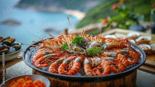 A sumptuous seafood platter featuring prawns and mussels, served with a panoramic ocean backdrop.