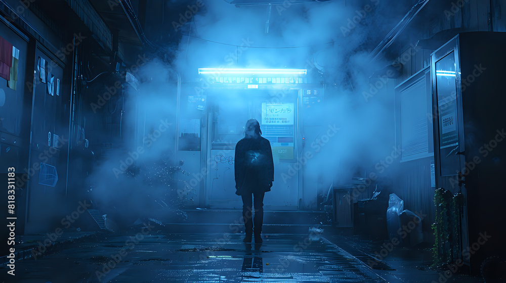 Atmospheric image of a person walking in a foggy alley illuminated by blue neon light. Ideal for urban-themed designs, noir projects, cinematic art, and moody photography. Atmospheric image of a person walking in a foggy alley illuminated by blue neon light. Ideal for urban-themed designs, noir projects, cinematic art, and moody photography.