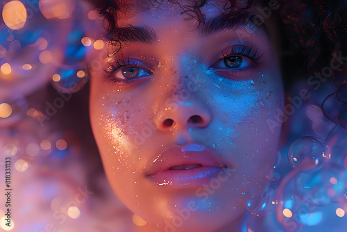 Captivating close-up portrait of a woman with glitter on her face, illuminated by vibrant neon light. Perfect for beauty editorials, artistic photography, fashion promotions, and creative advertising.