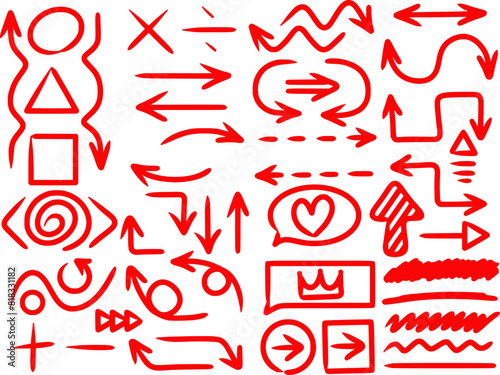 手書きの赤い記号アイコンセット.  Hand-drawn Red Symbol Icon Set.