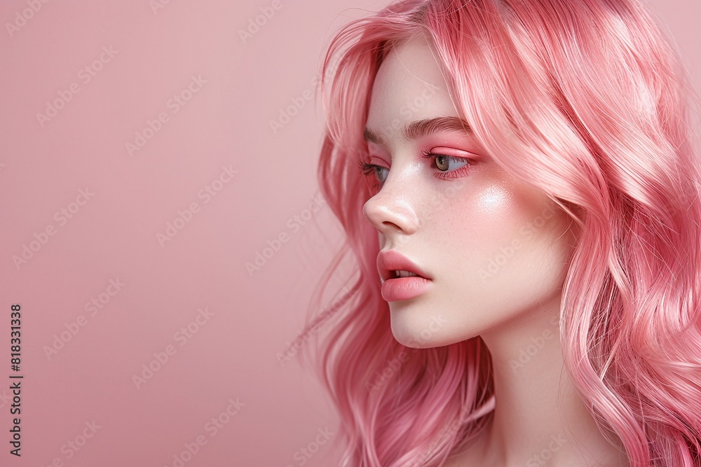 Young woman with vibrant, pink hair and radiant, pink makeup on a soft pink background. Close-up portrait. Fashion and beauty concept for stunning, creative design and elegant print