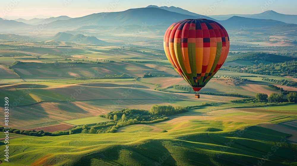 A colorful hot air balloon floating gracefully over a patchwork of green fields and distant mountains