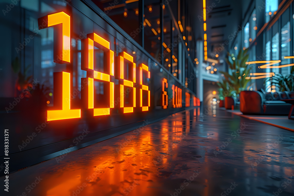 Fototapeta premium Dynamic image of a modern office corridor featuring a bright digital display board. Ideal for business-themed projects, corporate presentations, technology marketing, and modern workspace designs.